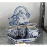 ORIENTAL BLUE AND WHITE CHINA SAKE SET, VIZ TEAPOT, 4 CUPS AND A TRAY (6)