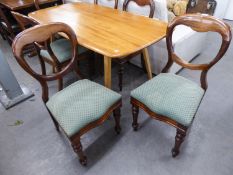 A SET OF SIX VICTORIAN MAHOGANY SPOON BACK DINING CHAIRS,  WITH LOOSE GREEN FABRIC SEATS (6)