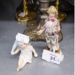 VOLKSTED, GERMAN PORCELAIN FIGURE OF A COURTIER, 4 ½? high, a/f, and a TINTED BISQUE PIANO BABY, (2)