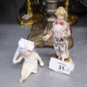 VOLKSTED, GERMAN PORCELAIN FIGURE OF A COURTIER, 4 ½? high, a/f, and a TINTED BISQUE PIANO BABY, (2)