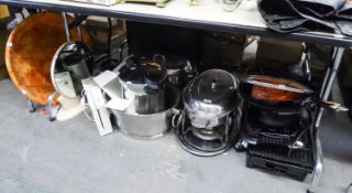 A GOOD SELECTION OF LARGE STAINLESS STEEL COOKING EQUIPMENT TO INCLUDE; SLOW COOKER, LARGE TUREENS
