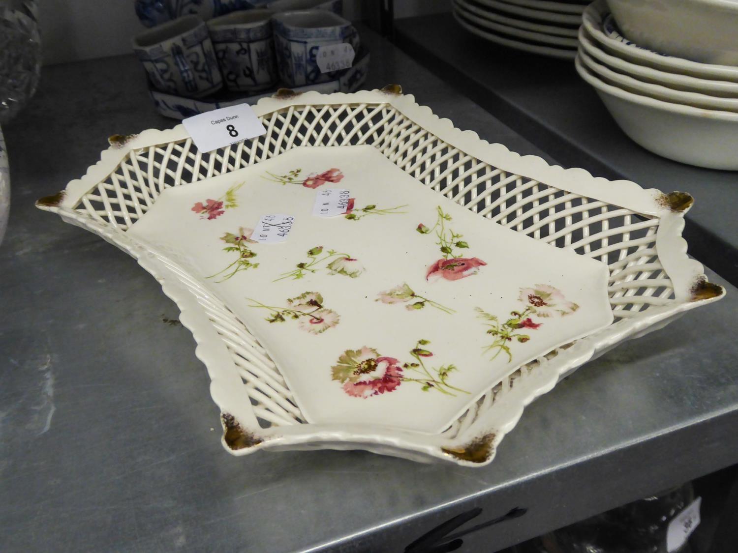 CONTINENTAL PORCELAIN OBLONG DISH WIH CANTED CORNERS, TRELLIS PIERCED SIDES, DECORATED WITH