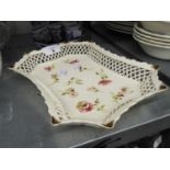 CONTINENTAL PORCELAIN OBLONG DISH WIH CANTED CORNERS, TRELLIS PIERCED SIDES, DECORATED WITH