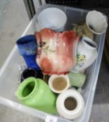 A LARGE SELECTION OF POTTERY VASES, A TWO HANDLED SQUARE VASE, FLORAL EMBOSSED VASE, CHINESE VASES