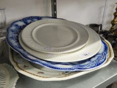 COPELAND SPODE LARGE MEAT DISH, DECORATED WITH FRUIT, FLOWERS AND INSECTS; A LARGE BLUE AND WHITE