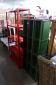 INDUSTRIAL METAL PIGEON HOLDER IN GREEN AND A FIVE TIER METAL SHELVING RACK IN RED