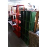 INDUSTRIAL METAL PIGEON HOLDER IN GREEN AND A FIVE TIER METAL SHELVING RACK IN RED