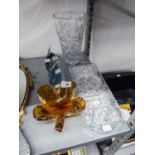 A FOUR PIECE CUT GLASS DRESSING TABLE SET, A LARGE CUT GLASS VASE (A.F.), A GLASS DOLPHIN