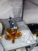 A FOUR PIECE CUT GLASS DRESSING TABLE SET, A LARGE CUT GLASS VASE (A.F.), A GLASS DOLPHIN