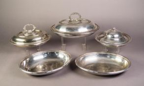 TWO OVAL ENTREE DISHES WITH COVERS, one pair, the other with beaded edge, together with a PAIR OF