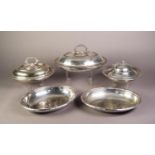 TWO OVAL ENTREE DISHES WITH COVERS, one pair, the other with beaded edge, together with a PAIR OF