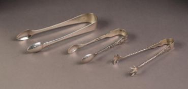 THREE PAIRS OF GEORGE III AND LATER SILVER SUGAR TONGS, comprising: A PLAIN PAIR, initialled,