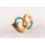 18ct GOLD AND TURQUOISE BROOCH comprising two interlocking conucopia shaped circles and two curved