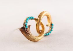 18ct GOLD AND TURQUOISE BROOCH comprising two interlocking conucopia shaped circles and two curved