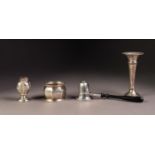 FOUR SMALL PIECES OF VICTORIAN AND LATER SILVER, comprising: FLORAL EMBOSSED VASE, Birmingham