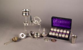CASED SET OF TWELVE ENGINE TURNED ELECTROPLATED NAPKIN RINGS, with vacant cartouches, and a SIX