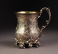 VICTORIAN ENGRAVED SILVER HALF PINT TANKARD, of baluster form with double C scroll handle, scroll