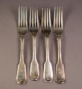 MATCHED SET OF FOUR GEORGE III AND LATER THREAD AND FIDDLE PATTERN SILVER TABLE FORKS, crested to