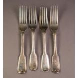 MATCHED SET OF FOUR GEORGE III AND LATER THREAD AND FIDDLE PATTERN SILVER TABLE FORKS, crested to