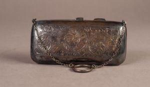LADY'S EDWARDIAN SILVER EVENING BAG, oblong, cushion shaped and foliate scroll engraved with chain