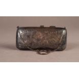 LADY'S EDWARDIAN SILVER EVENING BAG, oblong, cushion shaped and foliate scroll engraved with chain