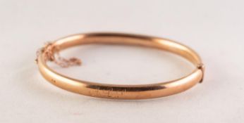 VICTORIAN 9ct GOLD PLAIN HINGE OPENING HOLLOW BANGLE, Chester 1891, with faintly engraved initials