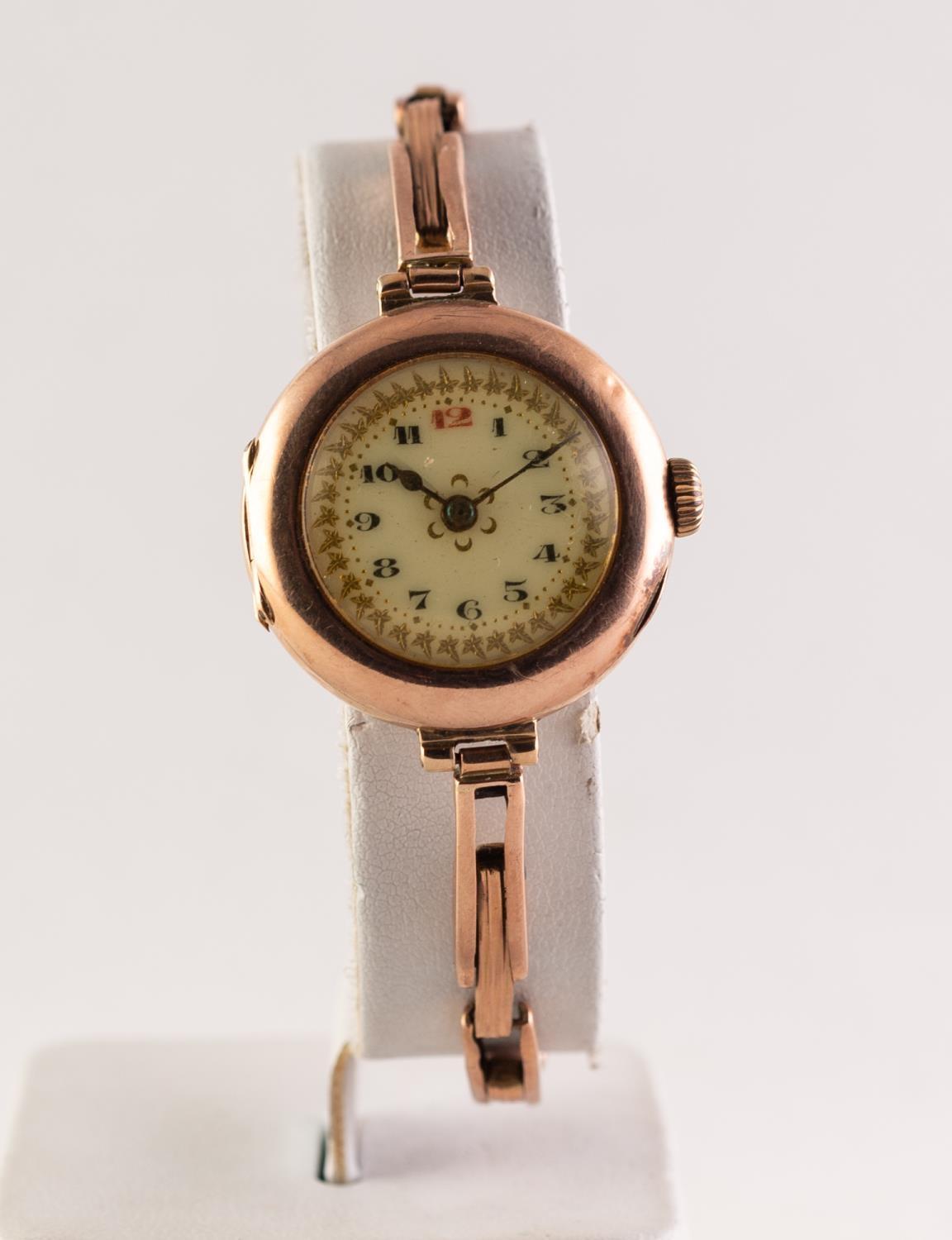 LADY'S 9ct GOLD VINTAGE WRISTWATCH with mechnical movement, decorated Arabic dial, circular case and - Image 2 of 3