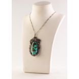 LARGE SILVER AND MARCASITE VINTAGE PENDANT set with a large cabochon oval turquoise in a marcasite
