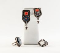 PAIR OF SILVER AND FILIGREE HOUSE SHAPED DROP EARRINGS, set with hard stones; a SILVER AND MARCASITE