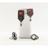 PAIR OF SILVER AND FILIGREE HOUSE SHAPED DROP EARRINGS, set with hard stones; a SILVER AND MARCASITE