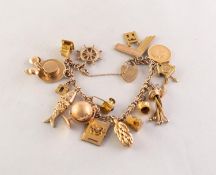9ct GOLD FANCY LINK CHARM BRACELET with 9ct gold padlock clasp with 16 INTERESTING GOLD CHARMS,
