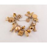 9ct GOLD FANCY LINK CHARM BRACELET with 9ct gold padlock clasp with 16 INTERESTING GOLD CHARMS,