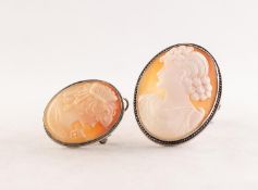 TWO SILVER FRAMED OVAL SHELL CAMEO BROOCHES, each depicting a female head, 1 1/2in (4cm) and 1 1/8in