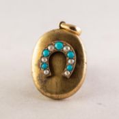 VICTORIAN GOLD COLOURED EMTAL OVAL LOCKET PENDANT, the front applied with a horseshoe shaped setting