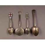 GEORGE V SILVER TEASPOON, initialled, London 1915, together with THREE SILVER SOUVENIR SPOONS, one