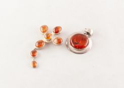 SILVER COLOURED METAL AND FIVE AMBER SET CROSS PENDANT with two amber drops (marked 925) and a