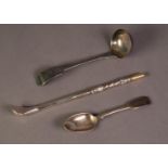 WILLIAM IV SILVER FIDDLE HANDLED TEASPOON, London 1833; a CONTINENTAL SILVER COLOURED METAL OPIUM