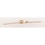 9ct GOLD STICK PIN, the wishbone pattern top set with a tiny aquamarine and a seed pearl and a STICK