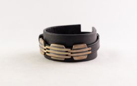 GEORG JENSEN, DENMARK, STERLING SILVER AND ITALIAN DARK BROWN LEATHER AND STYLISH BRACELET, the