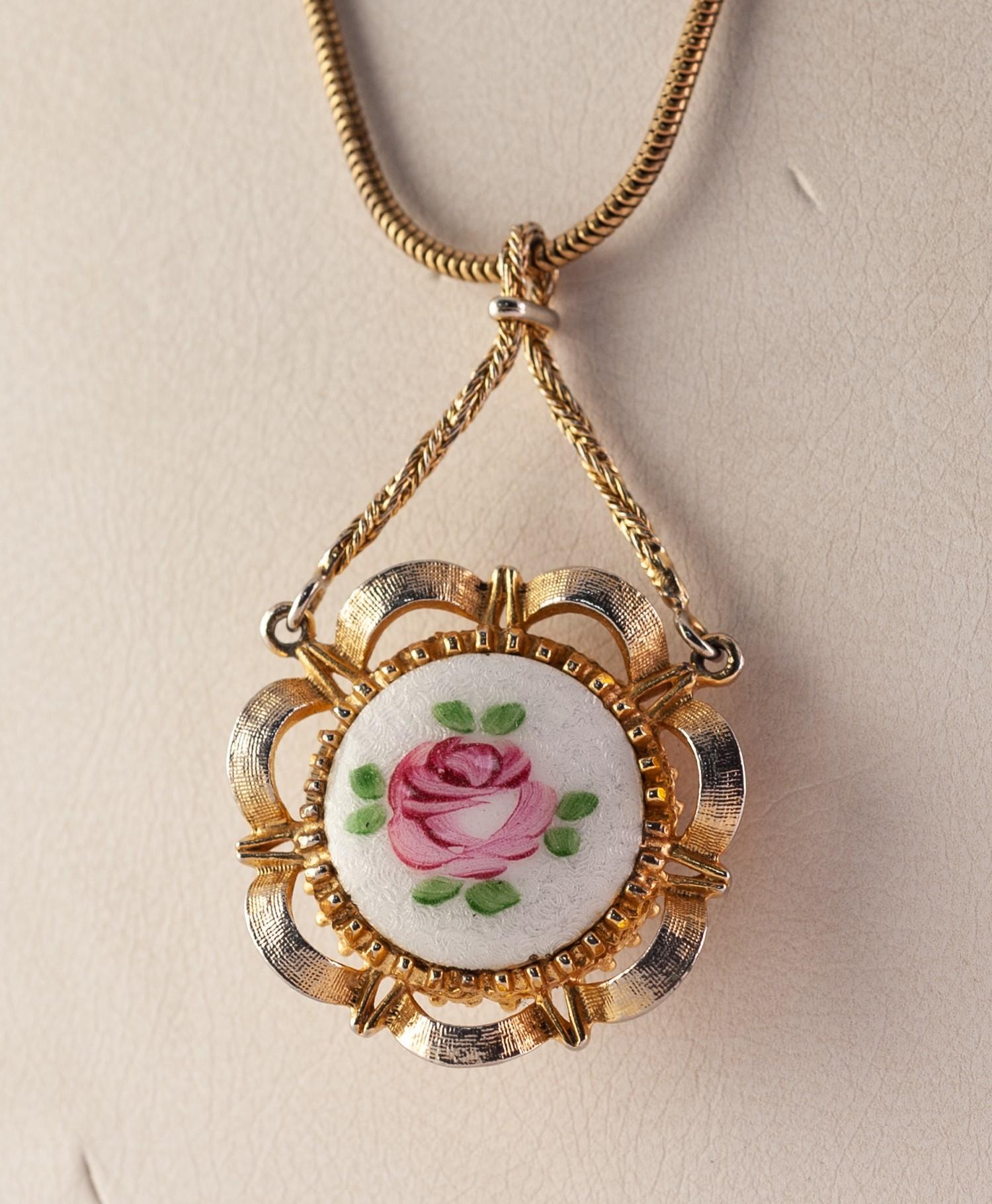 LADY'S COROCRAFT SWISS GOLD PLATED FANCY PENDANT WATCH, the back enamelled with a rose, on a long - Image 2 of 2