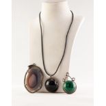 SILVER (925) AND CABOCHON CIRCULAR MALACHITE PENDANT , a SILVER AND CABOCHON DARK BROWN AGATE