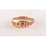 LATE VICTORIAN 15ct GOLD RING, gypsy set with two small rubies and three seed pearls, 1.6 gms,