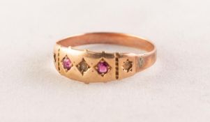 LATE VICTORIAN 15ct GOLD RING, gypsy set with two small rubies and three seed pearls, 1.6 gms,