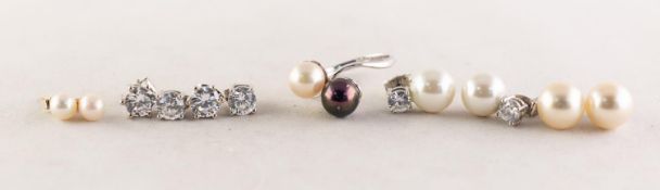 PAIR OF 9ct GOLD STUD EARRINGS, each set with a single cultured pearl; a pair of imitation pearl and