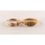 VICTORIAN GOLD COLOURED METAL RING, the lozenge shaped top set with seed pearls, rope pattern