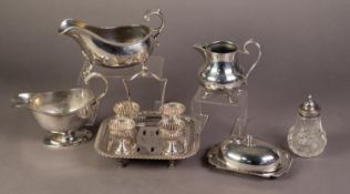 MIXED LOT OF ELECTROPLATE, comprising: TWO SAUCE BOATS, one by Mappin & Webb, EGG CRUET, with four