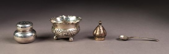 FOUR SMALL PIECES OF VICTORIAN AND LATER SILVER, comprising: SCROLL EMBOSSED OPEN SALT with