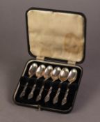 CASED SET OF SIX ELECTROPLATED TEA SPOONS with fancy handles, together with a QUANTITY OF LOOSE