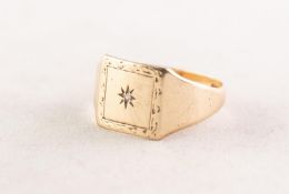 9ct GOLD SIGNET RING, the square top having engraved banded border and tiny star set diamond to