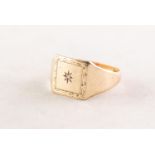 9ct GOLD SIGNET RING, the square top having engraved banded border and tiny star set diamond to